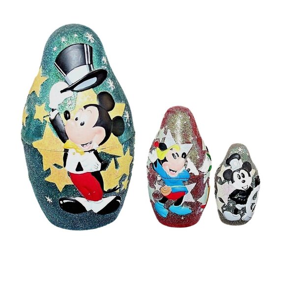 Disney Mickey Mouse 6" Glitter Nesting Figurine Set Double Sided 3D Plastic 3PC - Picture 1 of 12